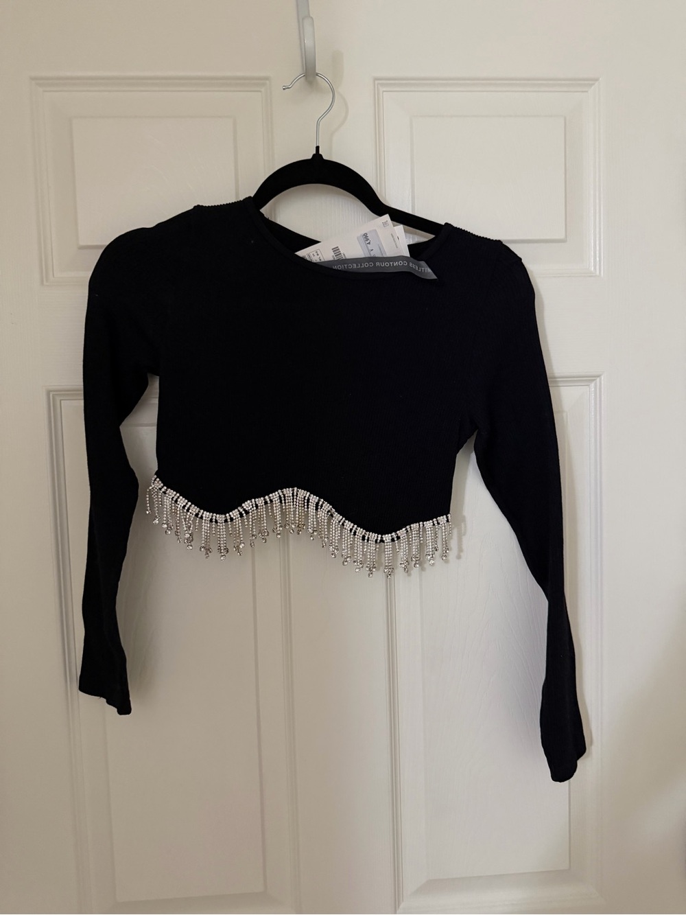 Zara Black Cropped Long-Sleeve Top with Rhinestone Fringe